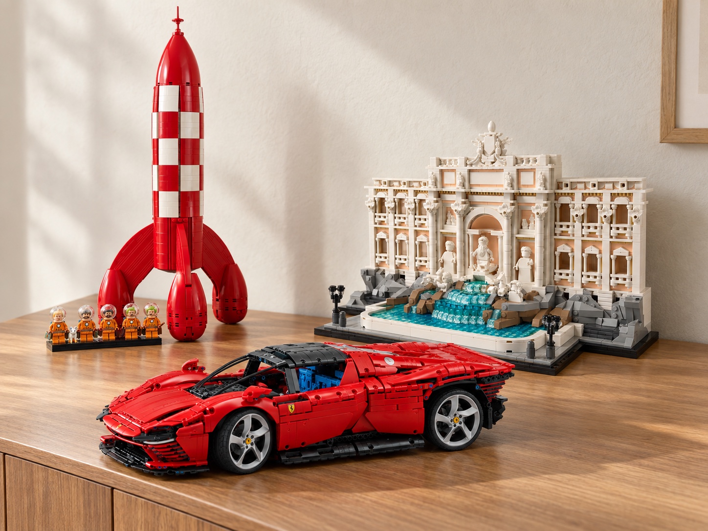 La fusée de Tintin, la Fontaine de Trevi et la Ferrari Daytona SP3 en briques, exposées sur un meuble en bois