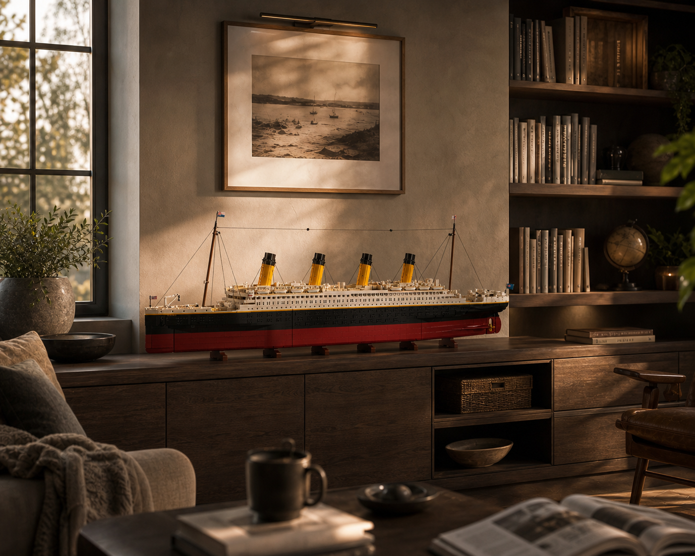 Titanic de construction exposé dans un salon bibliothèque